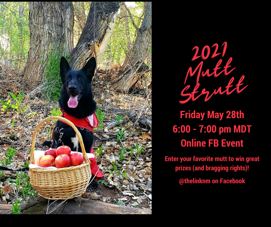 Copy of 2021 2021 Mutt Strutt Friday May 28th 6:00 - 7:00 pm MDT Online FB Event Enter your favorite mutt to win great prizes (and bragging rights)! @thelinknm on Facebook